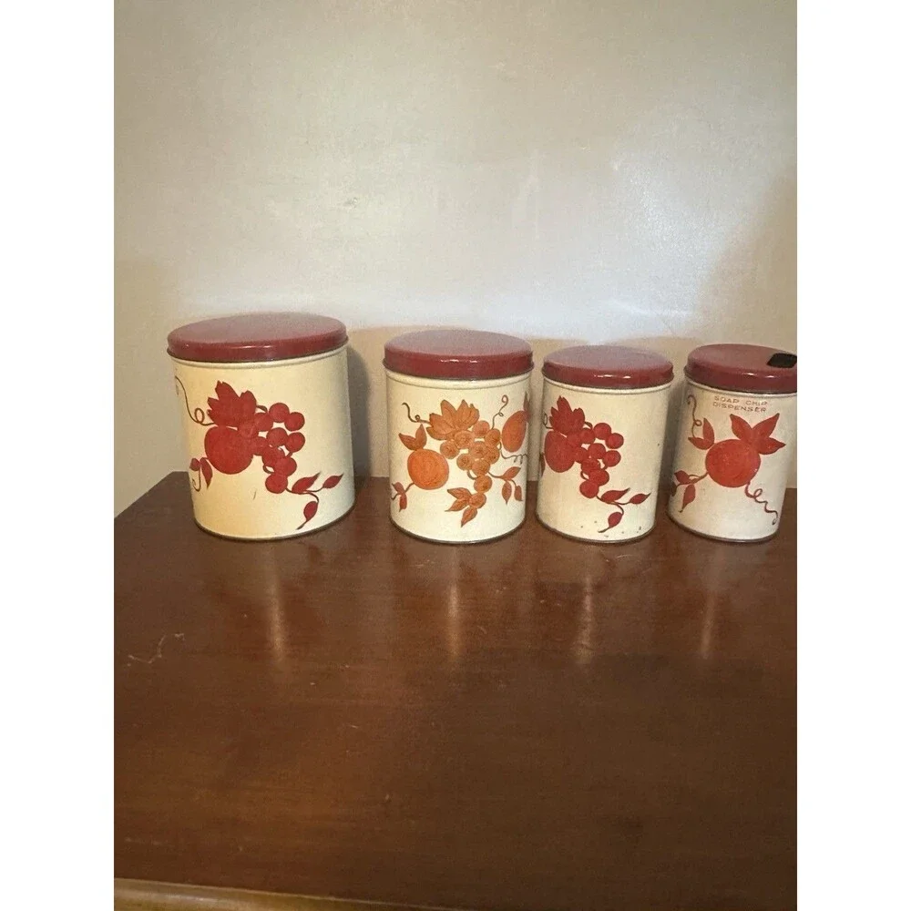 Vtg  4 Piece Tin Canister Set Fruit Design Kitchen Farmhouse Décor